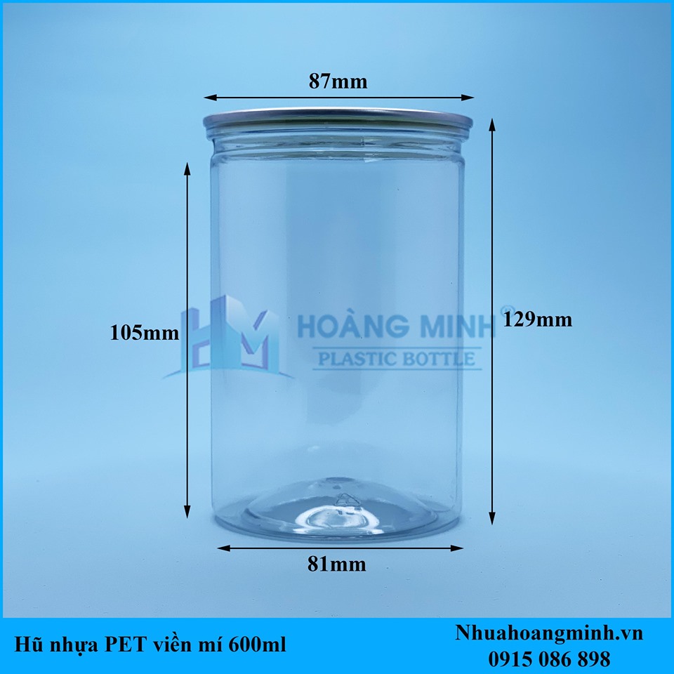 Hũ Nhựa Nắp Nhôm Xé 600ml (Hũ Viền Mí) đựng thực phẩm - Nhựa Hoàng Minh